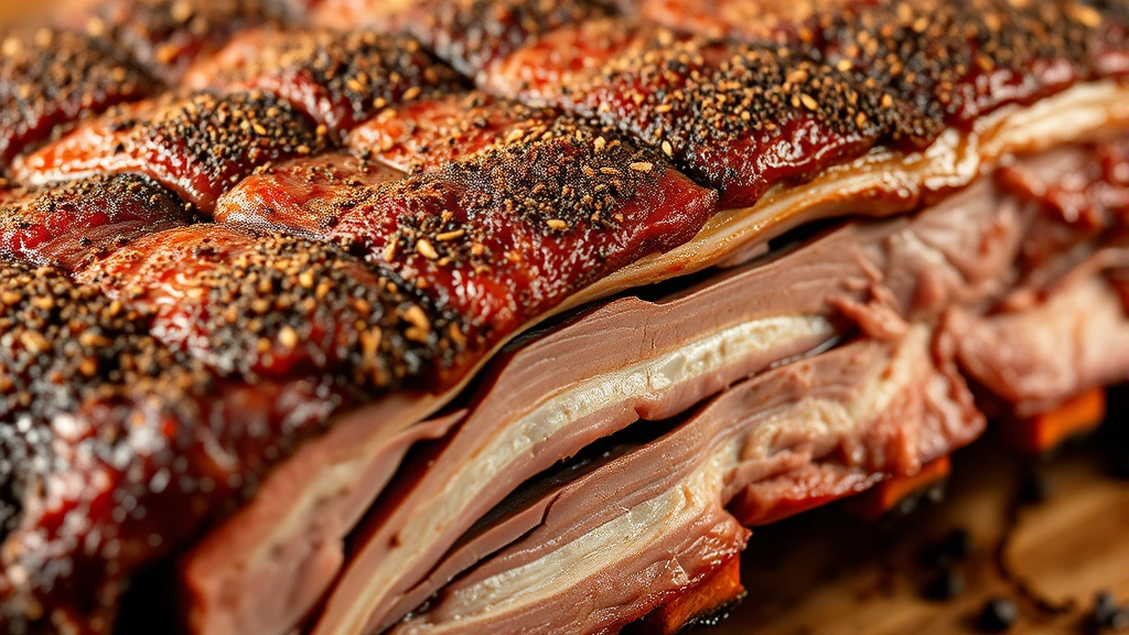 detail: extreme close-up of finished ribs showing crispy caramelized bark texture with spice coating, smoke ring visible on cross-section, warm golden lighting highlighting details, no text or watermarks