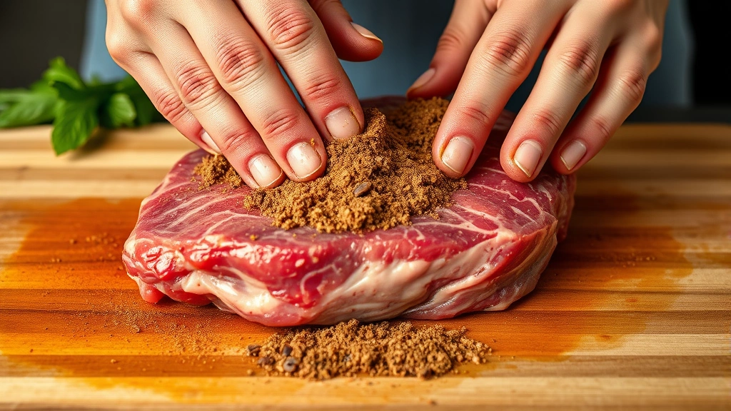 process: hands massaging dry rub into raw red meat on cutting board, spice mixture visible, photorealistic, bright natural lighting, close to medium shot, no text