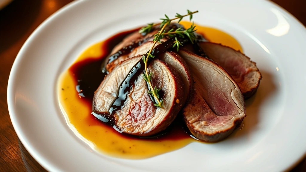 hero: plated duck breast sliced with rich dark reduction sauce and fresh thyme garnish, creamy pan sauce pooling on white plate, warm golden lighting, fine dining presentation