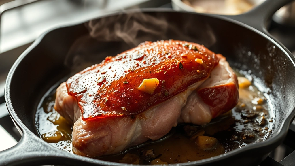 process: duck breast skin-side down sizzling in cast iron skillet with rendered fat, crispy golden skin visible, steam rising, professional kitchen lighting