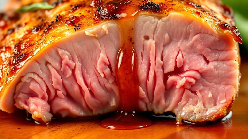 detail: close-up of sliced duck breast showing perfectly pink medium-rare interior with crispy golden skin layer, sauce dripping, macro photography with shallow depth of field