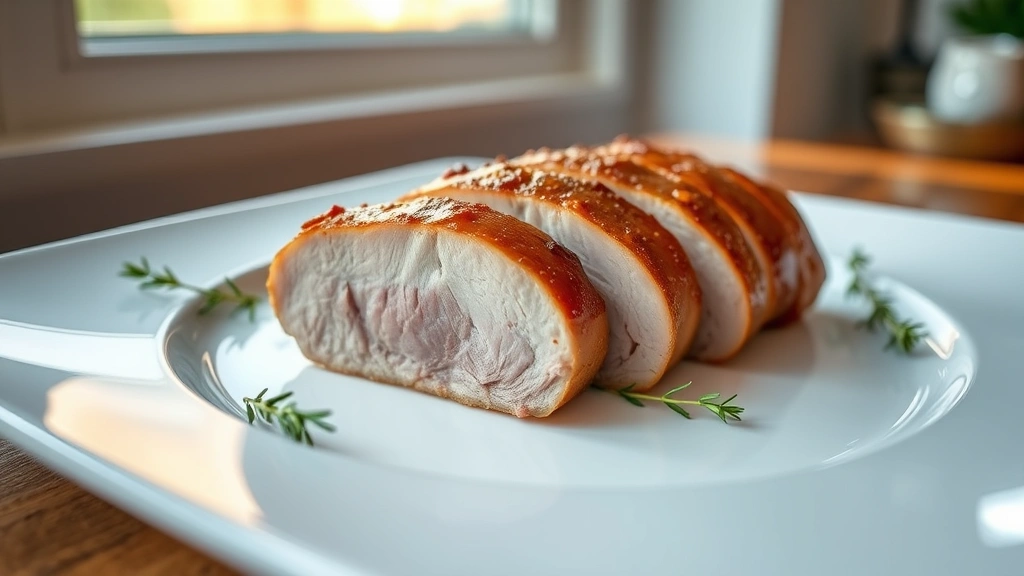 hero: sliced duck breast with crispy golden skin, perfectly medium-rare center, plated elegantly on white dish with fresh thyme garnish, warm natural window lighting, shallow depth of field