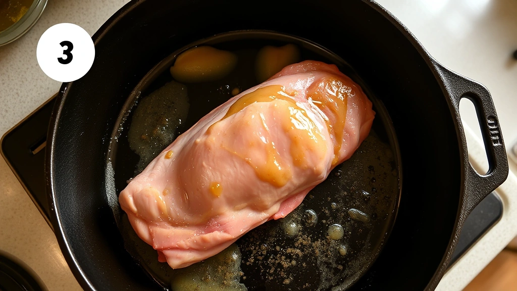 process: duck breast skin-side down in cast iron skillet rendering fat, golden brown exterior forming, sizzling, pan with rendered fat visible, overhead angle, warm kitchen lighting, no people