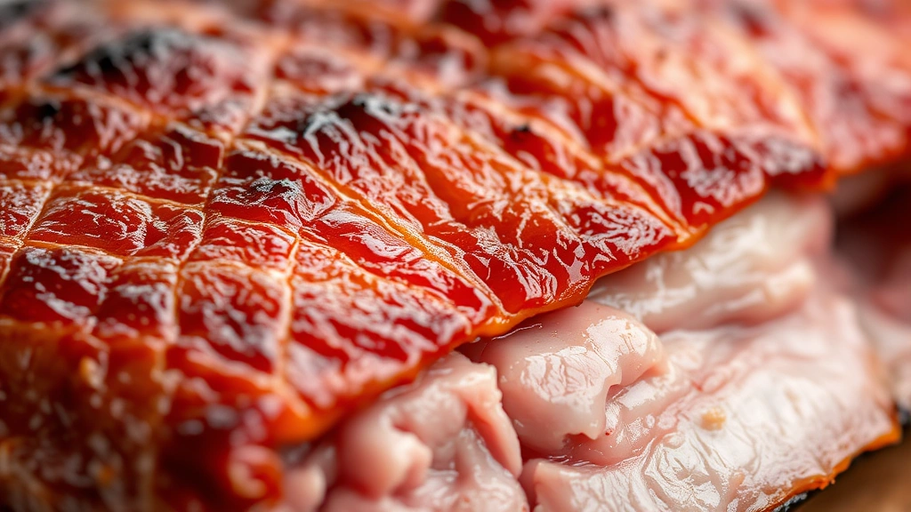 detail: close-up macro shot of crispy duck skin texture with crosshatch scoring marks, rosy pink meat underneath, glistening from rendered fat, shallow depth of field, natural diffused light