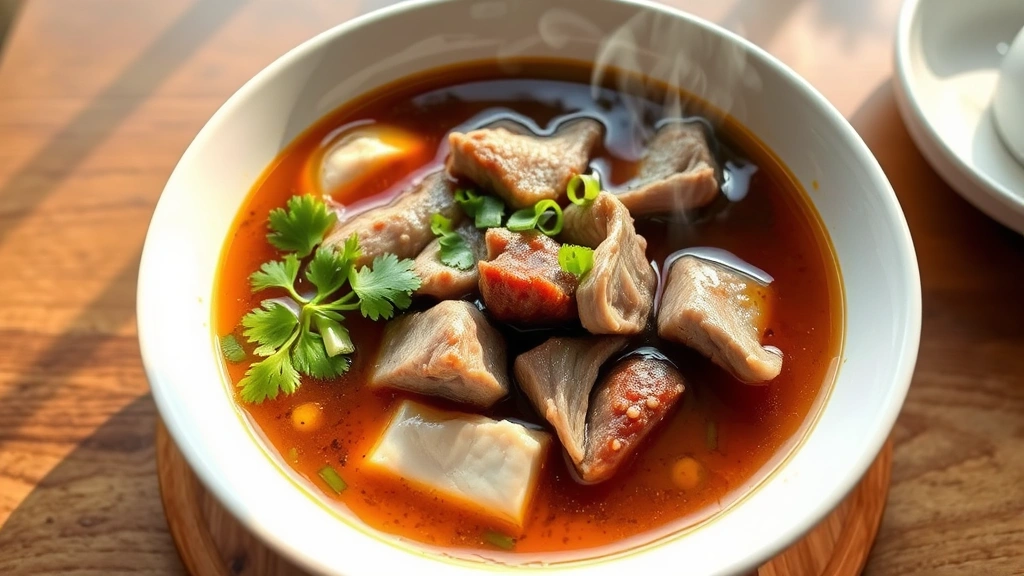hero: steaming bowl of duck soup with tender meat, aromatic broth, garnished with fresh cilantro and green onions, wooden table, natural window light, overhead view, inviting and elegant presentation, no text