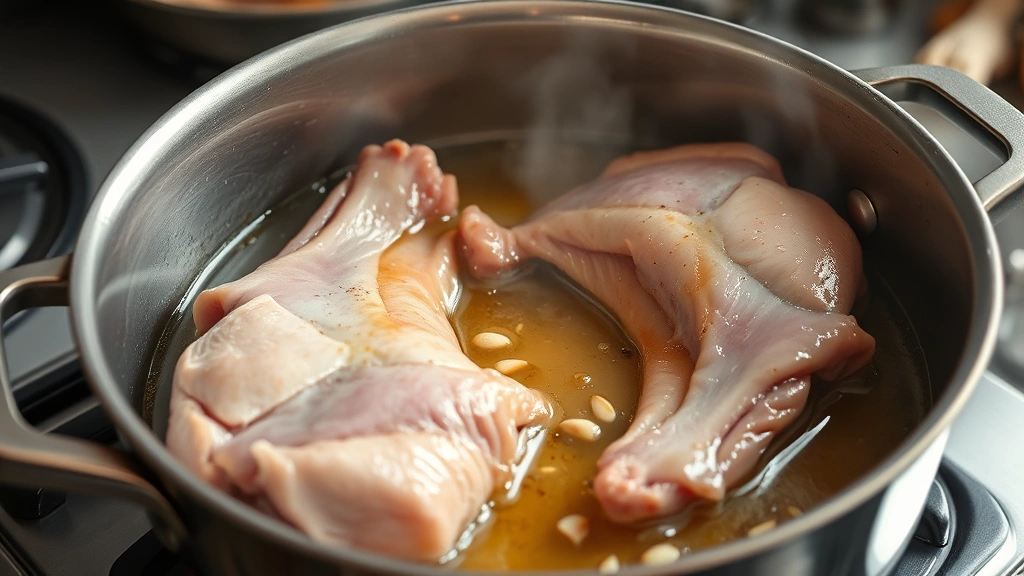 process: duck breasts searing skin-side down in pot with rendered golden fat, aromatic ginger and garlic visible, steam rising, professional kitchen lighting, action shot, no text