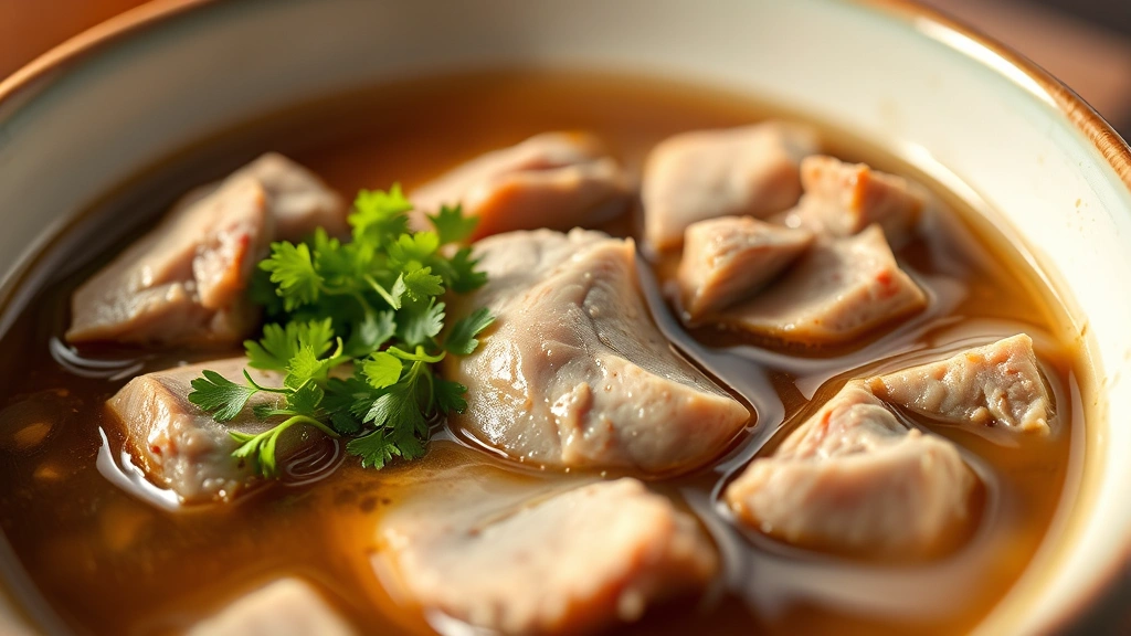 detail: close-up of duck soup bowl showing tender duck pieces, silky broth, fresh herb garnish, sesame oil sheen, shallow depth of field, warm natural lighting, appetizing food photography, no text