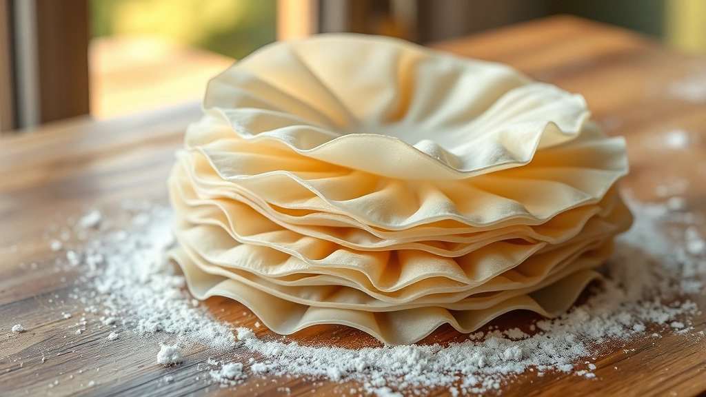 hero: beautiful stack of fresh homemade dumpling wrappers arranged in overlapping circles on a floured wooden surface, soft golden lighting from window, showcasing delicate translucent texture, no text