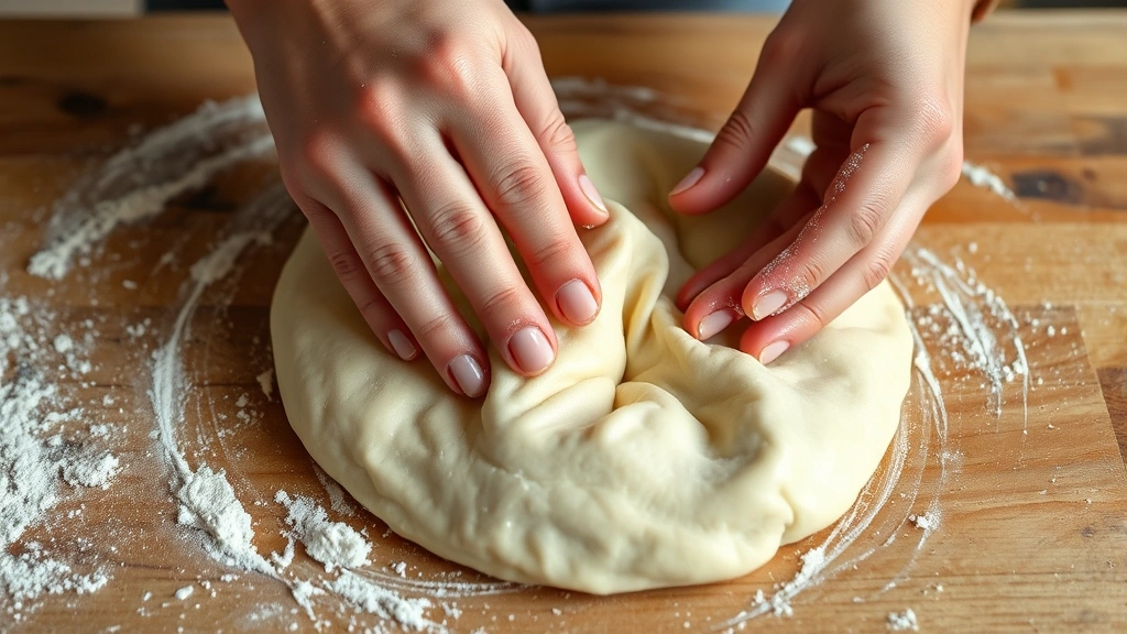 process: hands kneading smooth dumpling dough on wooden work surface, showing proper technique with heel of hand, natural daylight, flour dust visible, no text