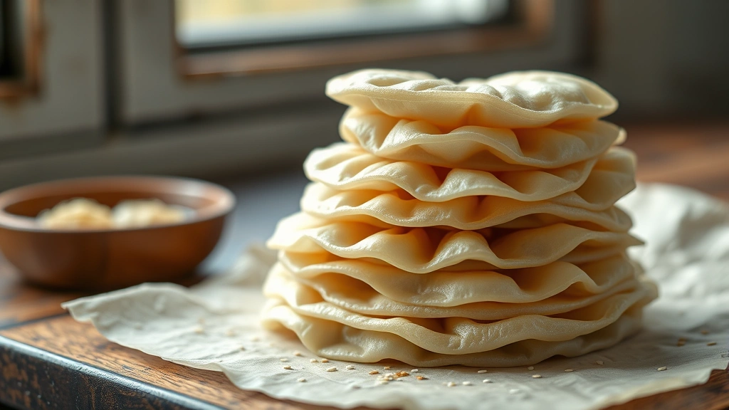 hero: stack of perfect round dumpling wrappers with subtle translucency, arranged on parchment paper with sesame oil glistening, photorealistic, natural window light, shallow depth of field, no text