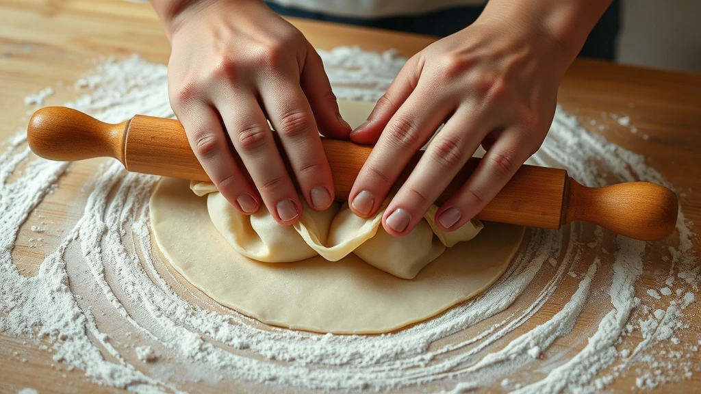 process: hands rolling dumpling wrapper dough with wooden rolling pin on floured surface, mid-roll action shot, photorealistic, warm natural light, close perspective, no text