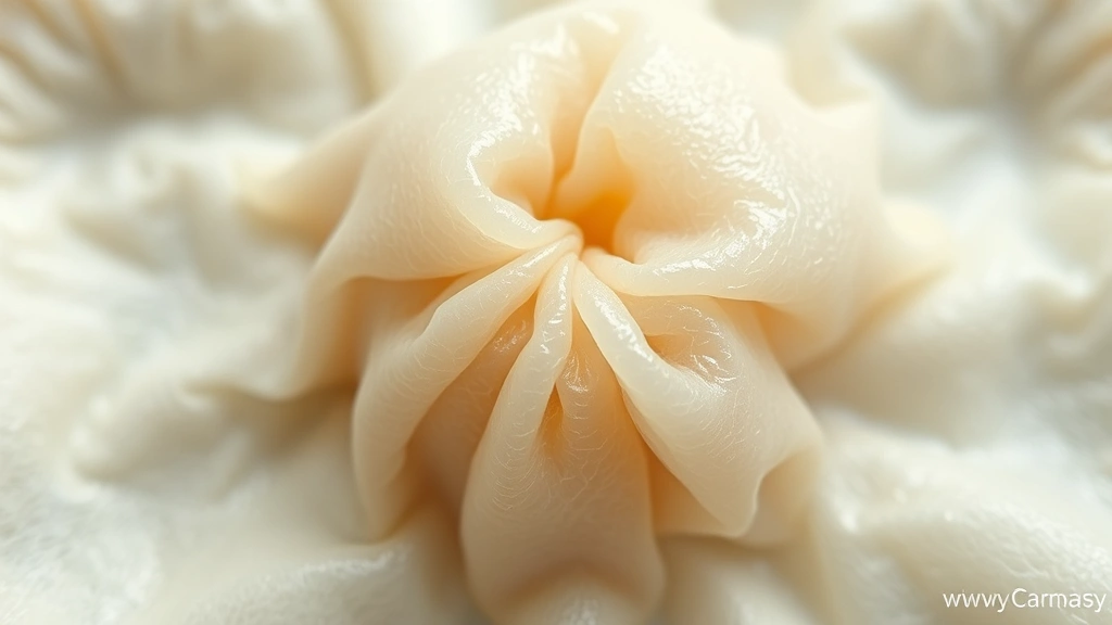detail: close-up of finished dumpling wrapper showing texture and slight transparency, thin edges and thicker center visible, photorealistic, macro photography style, natural light, no text