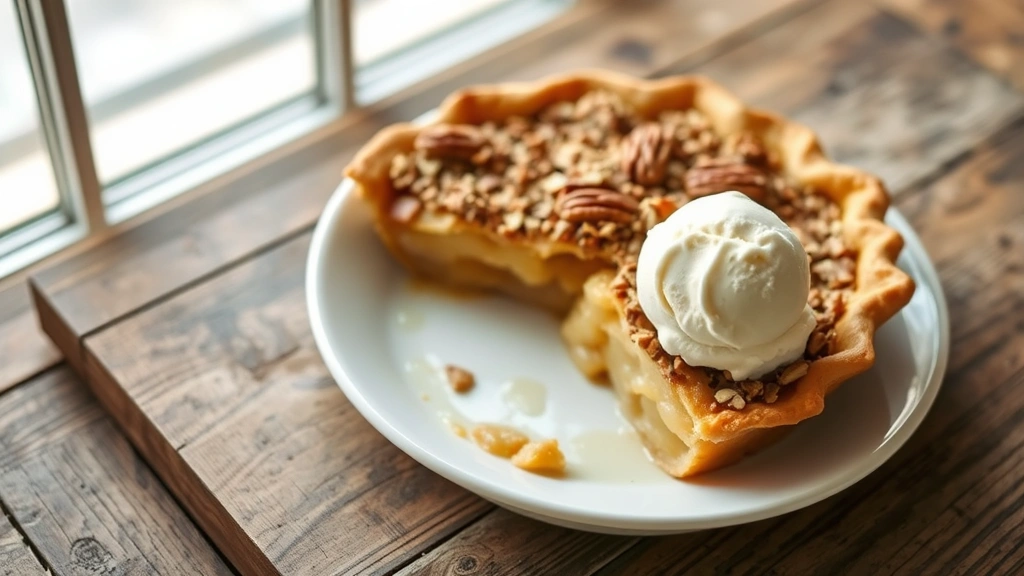 hero: golden Dutch apple pie with pecan streusel topping fresh from oven, warm vanilla ice cream melting on the side, natural window light, overhead angle, rustic wooden table, soft focus background