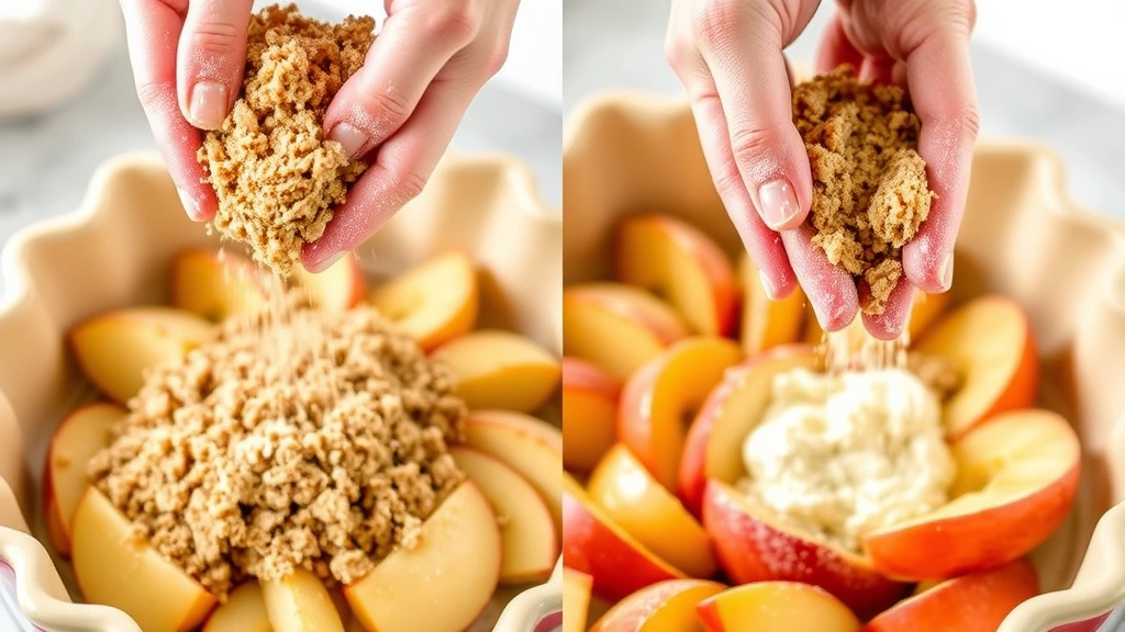process: hands sprinkling brown sugar streusel mixture over sliced apples in pie crust, natural daylight, close-up action shot, flour dusting on hands
