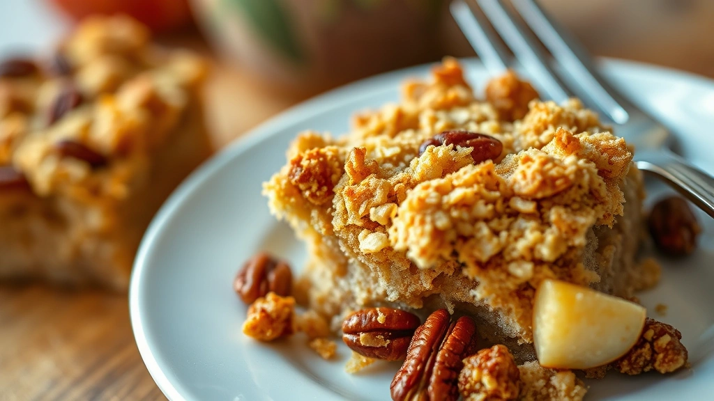 detail: close-up of golden crispy streusel topping with pecans and cinnamon apples visible below, shallow depth of field, warm afternoon light, fork beside plate