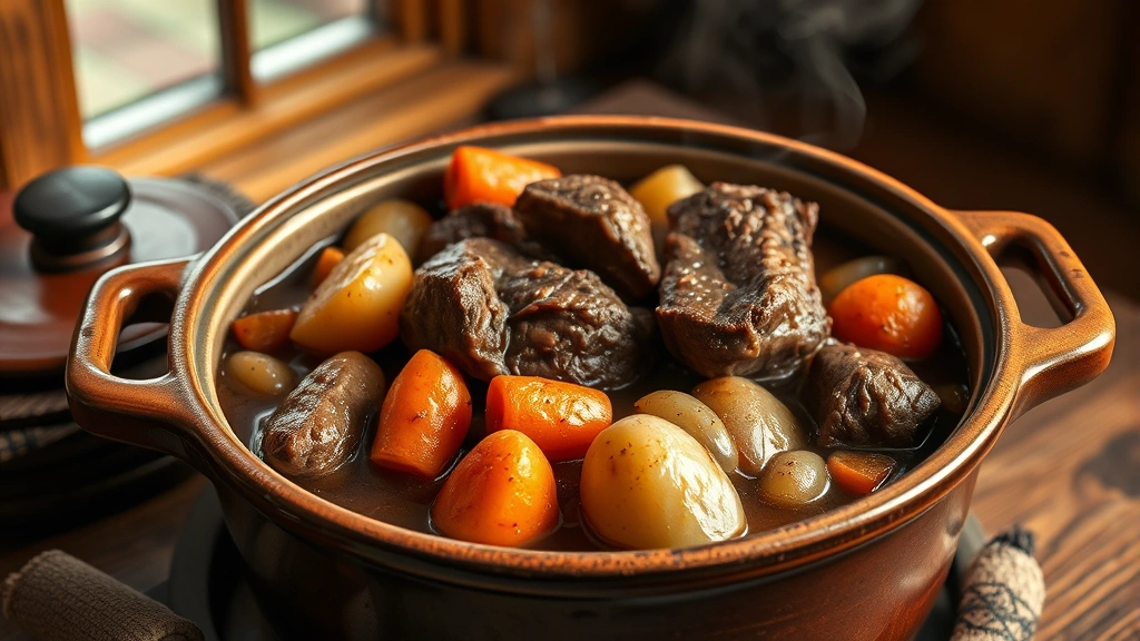 hero: Dutch oven pot roast with beef, carrots, potatoes, and onions in rich brown gravy, rustic ceramic Dutch oven, steam rising, photorealistic, natural window light, wooden table background, no text