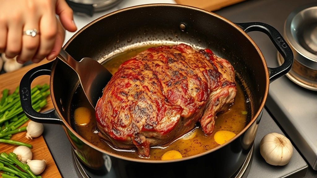 process: chef searing beef chuck roast in hot Dutch oven with oil, golden brown crust forming, vegetables and garlic nearby, photorealistic, warm kitchen lighting, no text