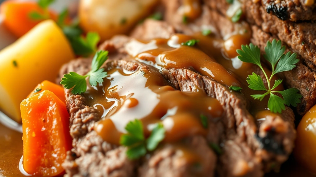 detail: close-up of sliced tender pot roast meat with carrot and potato, rich gravy coating, garnished with fresh parsley, photorealistic, shallow depth of field, natural light, no text