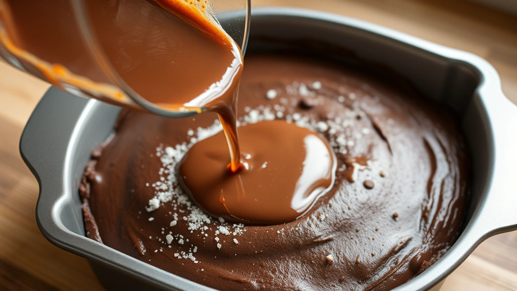 process: pouring hot water over cocoa-sugar mixture on chocolate cake batter in baking pan, action shot mid-pour, photorealistic, natural kitchen light, no text