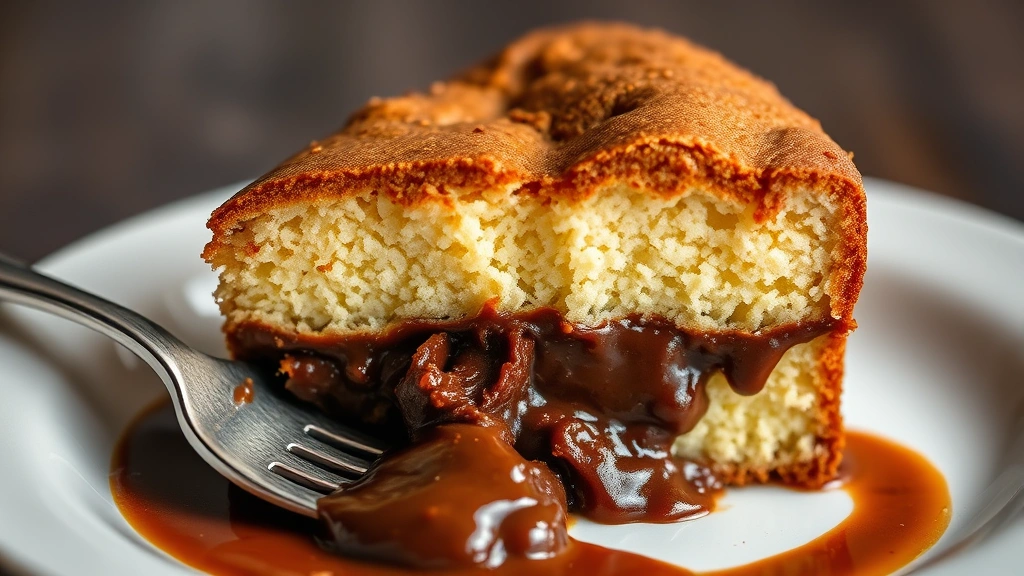 detail: close-up cross-section of earthquake cake showing two distinct layers, fudgy chocolate sauce on bottom and moist cake on top, fork resting on plate, photorealistic, macro photography, natural light, no text