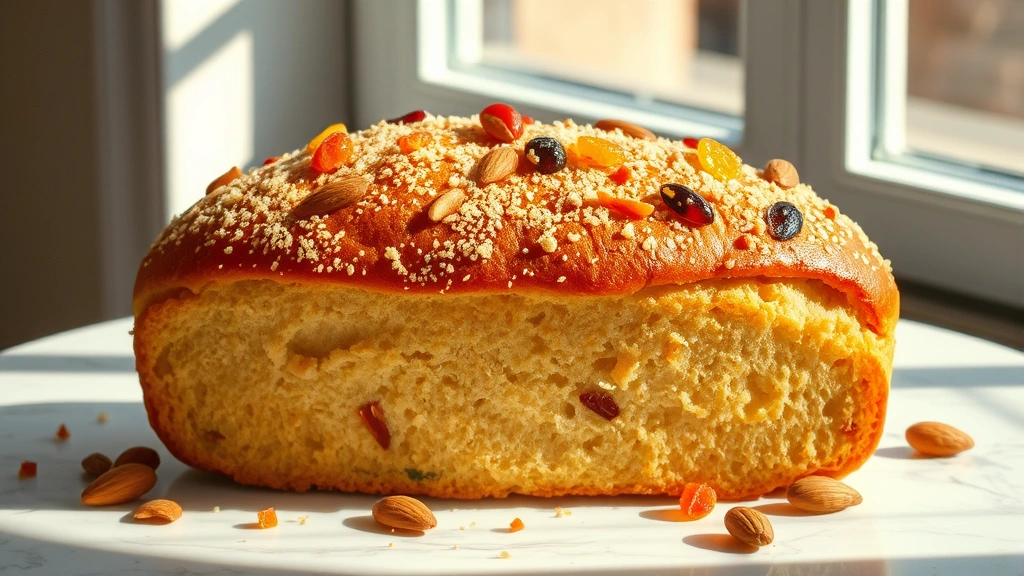 hero: golden-brown Italian Easter bread loaf with coarse sugar topping, studded with colorful candied fruits and almonds, whole loaf on white marble surface, dramatic natural window light, warm shadows