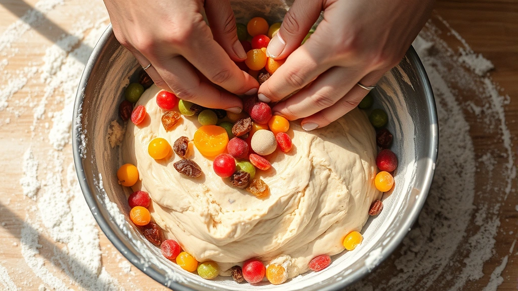 process: hands folding colorful candied fruits and raisins into soft dough, mixing bowl visible, flour dusted surface, bright natural daylight, active baking moment