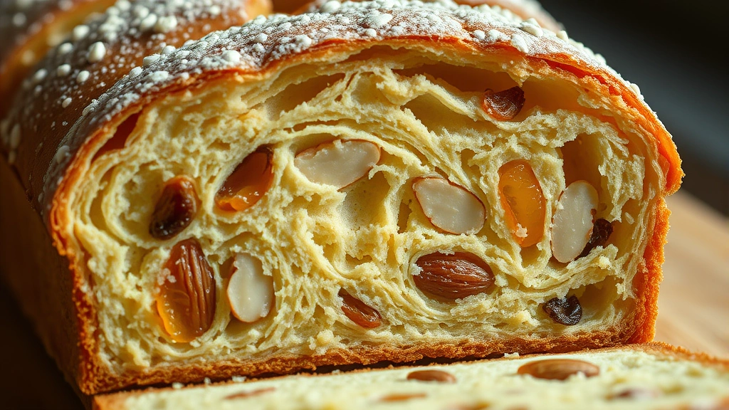 detail: close-up cross-section of sliced Easter bread showing interior crumb structure with candied orange peel, citron, raisins and almonds visible, soft golden interior texture, shallow depth of field, warm overhead lighting