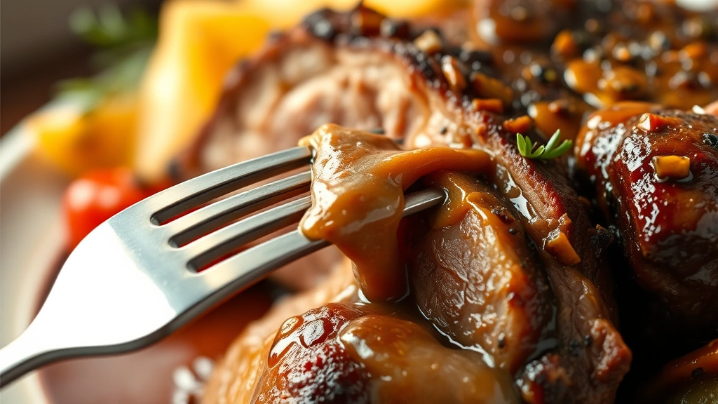 detail: close-up of fork piercing tender roast meat with vegetables and glossy sauce, photorealistic, shallow depth of field, natural warm light, no text