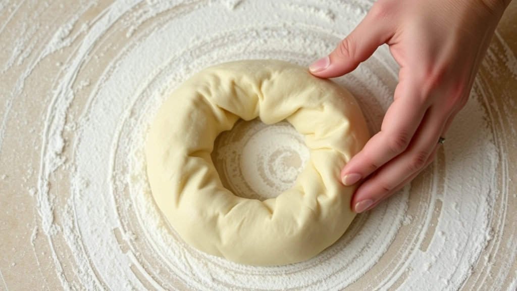 process: hands shaping bagel dough into ring shape on floured surface, close-up, flour dust visible, natural overhead light, no text