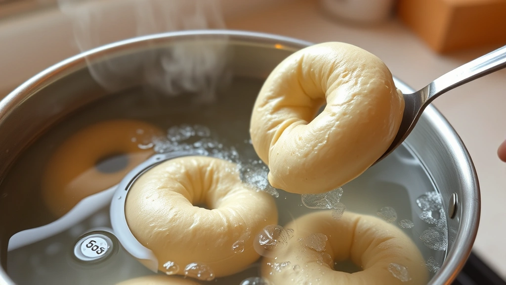 detail: boiling bagels in pot of water, one bagel being flipped with slotted spoon, bubbling water, kitchen counter setting, steam rising, natural light, no text