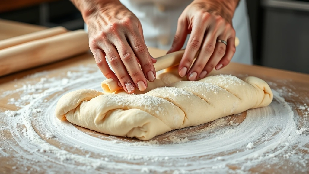 process: hands shaping baguette dough, stretching and rolling, flour dusting, professional baker technique, close-up action shot, natural light, photorealistic, no text