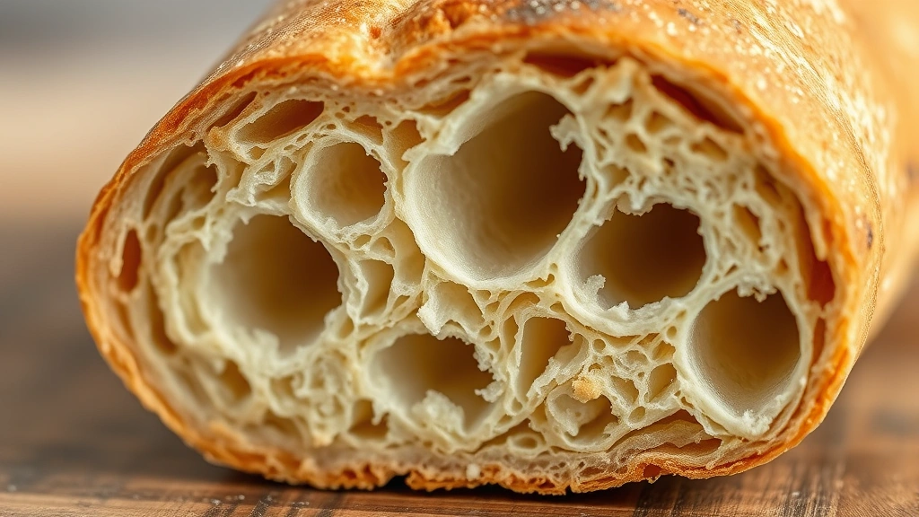 detail: cross-section of baguette showing open crumb structure and airy holes, golden interior, crusty exterior visible, shallow depth of field, photorealistic, no text