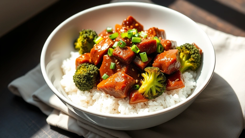 hero: Completed easy beef and broccoli dish served over white rice in a beautiful white bowl, glossy caramel sauce coating beef and broccoli florets, garnished with green onions and sesame seeds, natural daylight streaming in from the left, shot from directly above at 45 degrees, professional food photography, vibrant colors, appetizing presentation