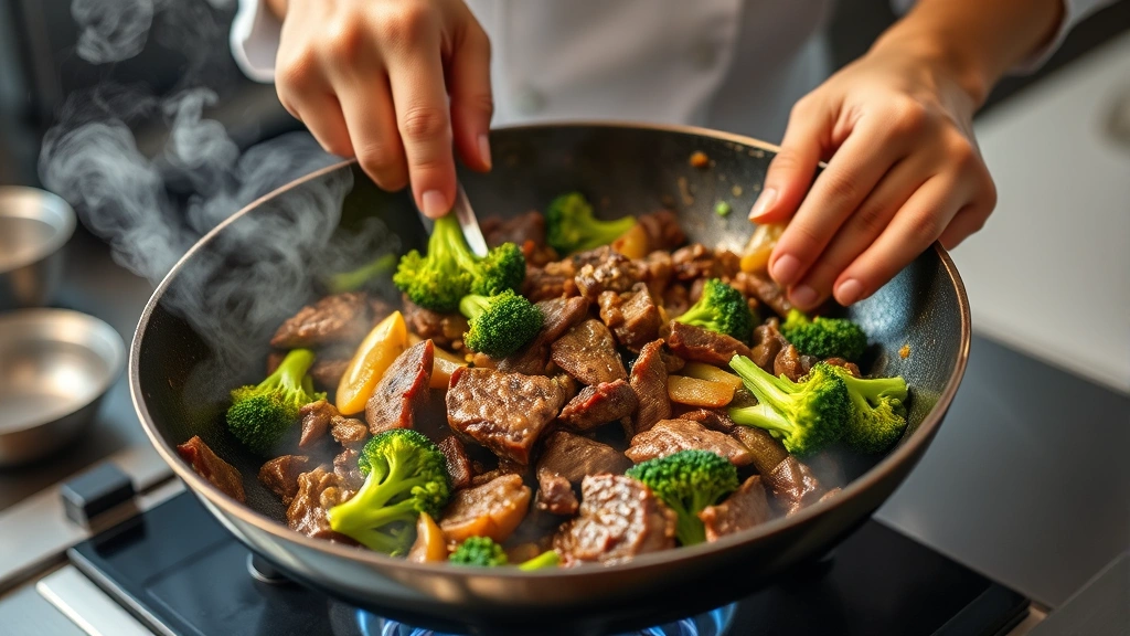 process: Chef's hands stir-frying beef and broccoli in a wok over high heat, steam rising, ingredients mid-toss, garlic and ginger visible in the pan, natural kitchen lighting, shot from the side, dynamic motion captured, professional cooking technique visible