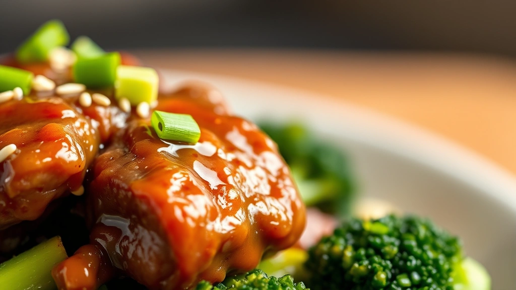 detail: Close-up macro shot of individual beef and broccoli with glossy sauce coating, sesame seeds and green onion garnish visible, sauce glistening under natural light, shallow depth of field with creamy blurred background, professional food styling, appetizing and luxurious appearance