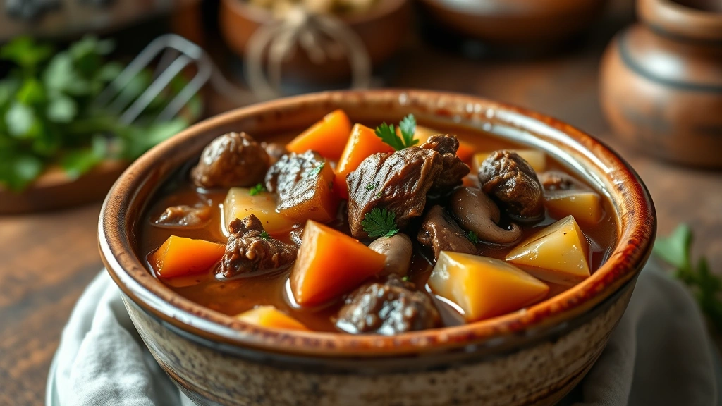 hero: steaming bowl of beef stew with tender chunks of beef, carrots, potatoes and mushrooms in rich brown broth, garnished with fresh parsley, rustic ceramic bowl, warm natural lighting, cozy kitchen background, photorealistic, no text