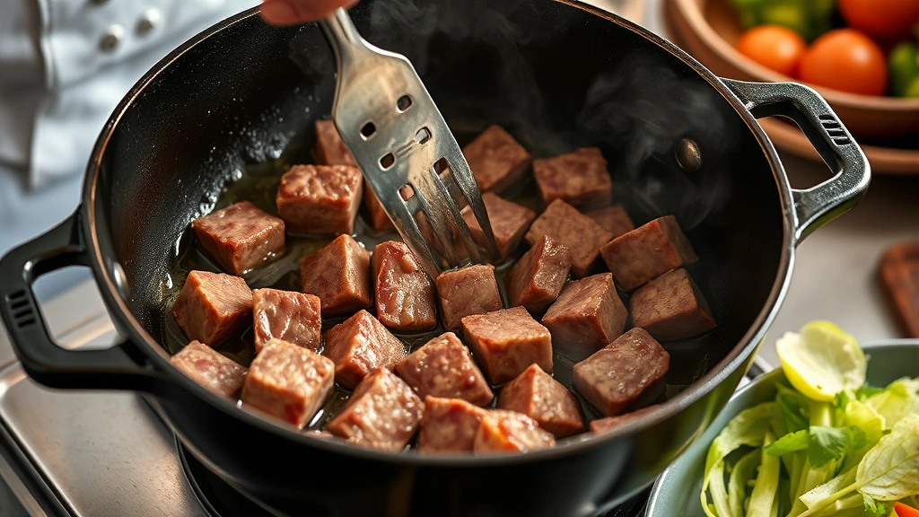 process: chef searing cubed beef in cast iron pot with oil, golden brown crust forming, steam rising, vegetables and ingredients visible nearby, photorealistic natural lighting, no text