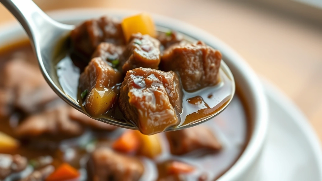 detail: close-up spoonful of beef stew with chunks of tender beef, vegetables and glossy rich broth, shallow depth of field, warm natural light, photorealistic, no text