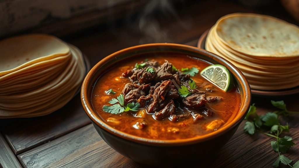 hero: steaming bowl of birria with shredded beef and rich consomé, corn tortillas stacked nearby, fresh cilantro and lime wedges, warm dramatic lighting, rustic wooden table, no text