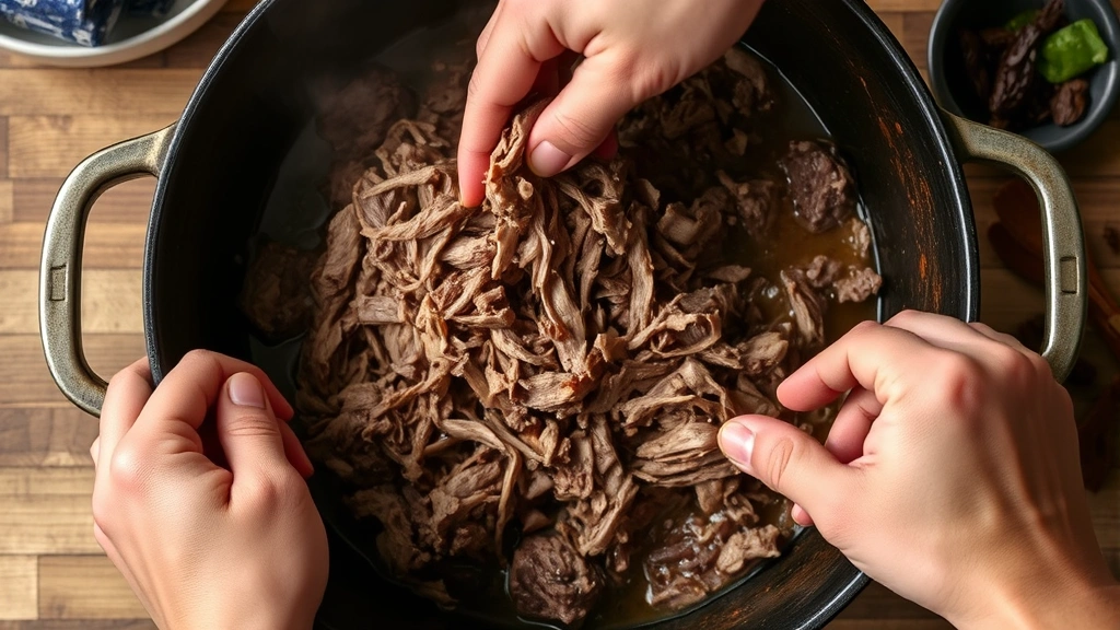 process: hands shredding tender beef in a Dutch oven with consomé, steam rising, dried chiles and spices visible nearby, natural kitchen lighting, close overhead angle, no text