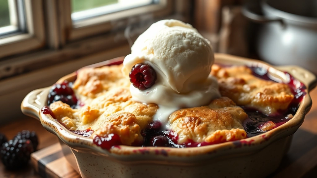 hero: golden brown blackberry cobbler with bubbling berry filling visible at edges, warm vanilla ice cream melting on top, rustic ceramic dish, natural window light, steam rising, cozy kitchen setting, no text or watermarks