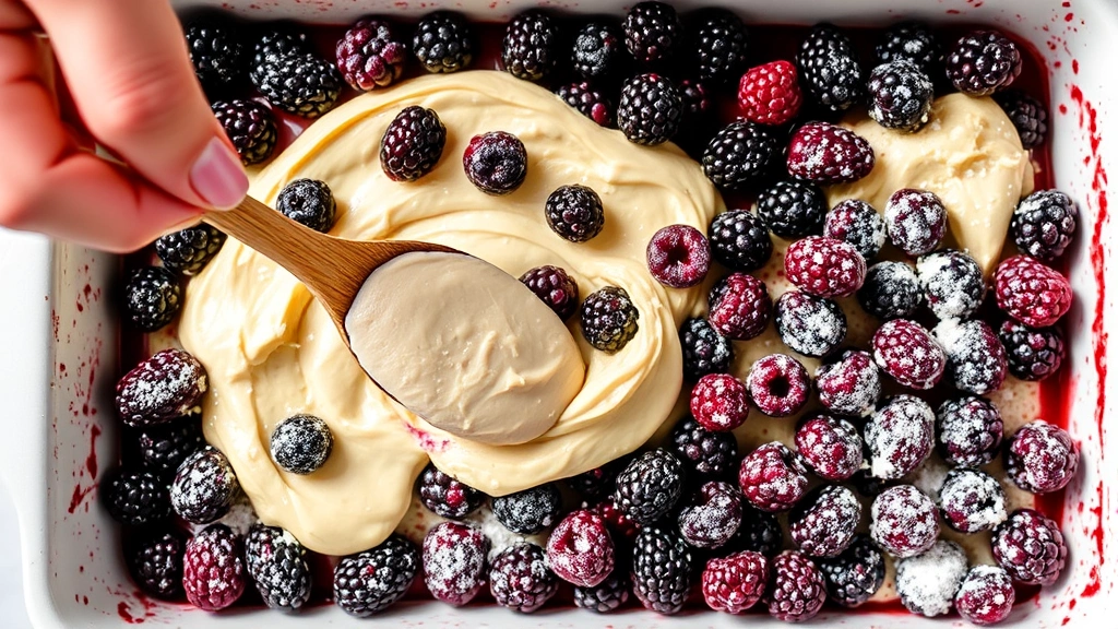 process: hands spreading thick biscuit batter over fresh blackberries in baking dish, wooden spoon in motion, flour dusting, bright daylight from above, close focus on the topping technique, no text or watermarks