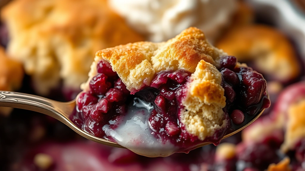 detail: close-up cross-section of finished cobbler showing contrast between golden biscuit topping and dark purple berry filling, single bite on vintage spoon with melting ice cream, shallow depth of field, warm natural lighting, no text or watermarks