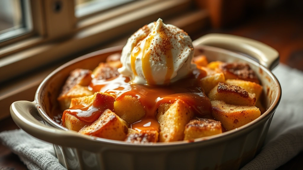 hero: golden brown bread pudding in baking dish with caramel drizzle, vanilla ice cream melting on top, cinnamon dusting, natural window light, warm cozy setting