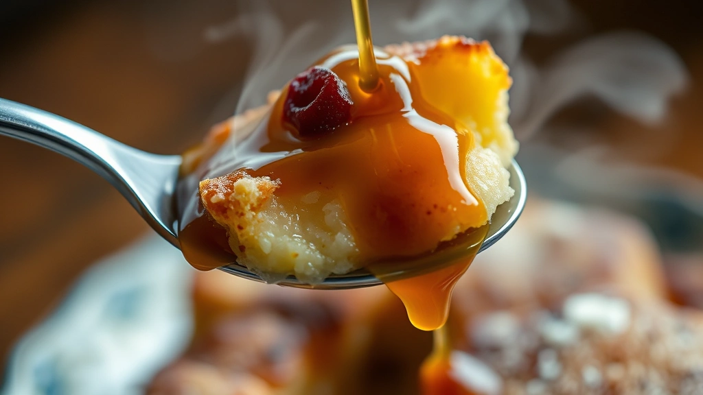 detail: close-up spoonful of bread pudding showing creamy custard interior and crispy edges, steam rising, caramel sauce dripping, shallow depth of field