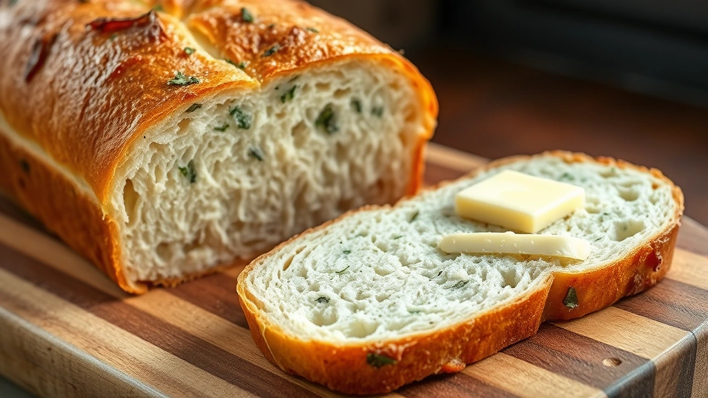 hero: Golden-brown no yeast bread loaf with crispy crust, sliced in half showing fluffy white interior, fresh herbs sprinkled on top, served on rustic wooden board with butter pat melting on warm slice, natural window light, artisanal bakery style, no text or watermarks