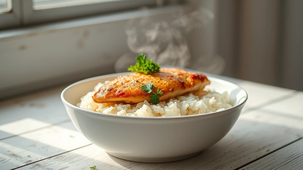 hero: completed chicken and rice dinner in a white bowl, golden-brown chicken breast on top with fresh parsley garnish, steam rising, warm natural window light, shallow depth of field, rustic white wooden table background