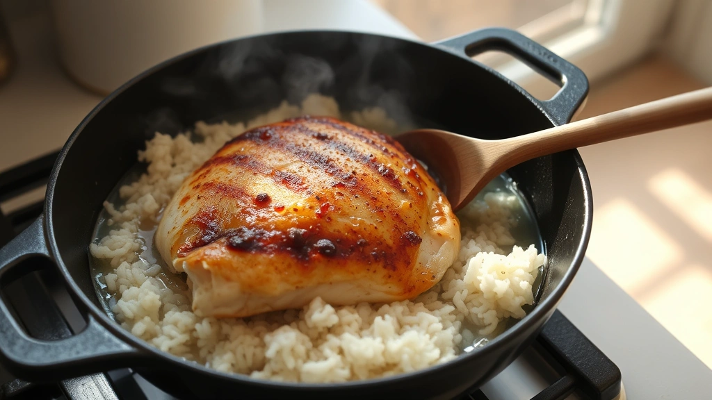 process: golden-brown seared chicken breast in a cast iron skillet with rice and broth, mid-cooking, wooden spoon stirring, natural daylight from kitchen window, no people visible
