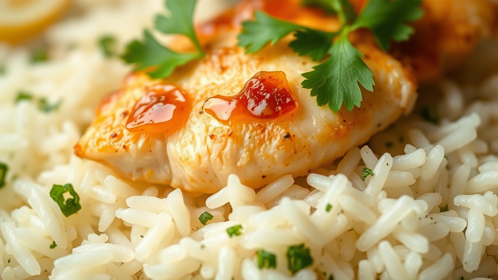 detail: close-up macro shot of fluffy cooked rice with herbs, single piece of golden chicken visible, fresh parsley on top, drops of lemon juice visible, shallow focus on rice texture