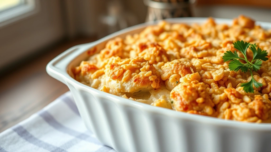 hero: golden-brown baked chicken casserole with crispy Ritz cracker topping bubbling at edges, steam rising, served in white ceramic dish, fresh parsley garnish, soft natural window light, farmhouse table setting